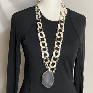 Silver and White Pendant Necklace with Stone